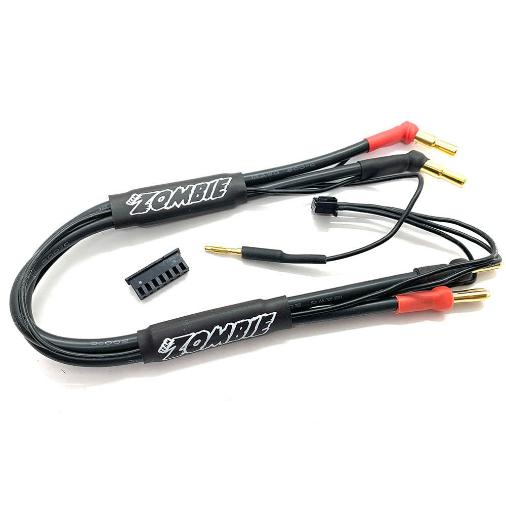 Team Zombie 4mm, 4/5mm tube plug 2s-balance 300mm 12awg charging cable (FULL BLACK)